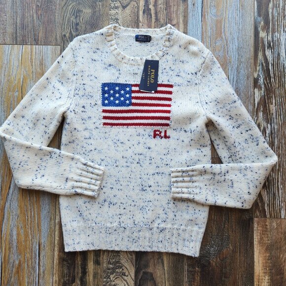 Polo Ralph Lauren Sweaters - NWT Polo Ralph Lauren American Flag-Intarsia 100% Wool Sweater Crew Neck Beige